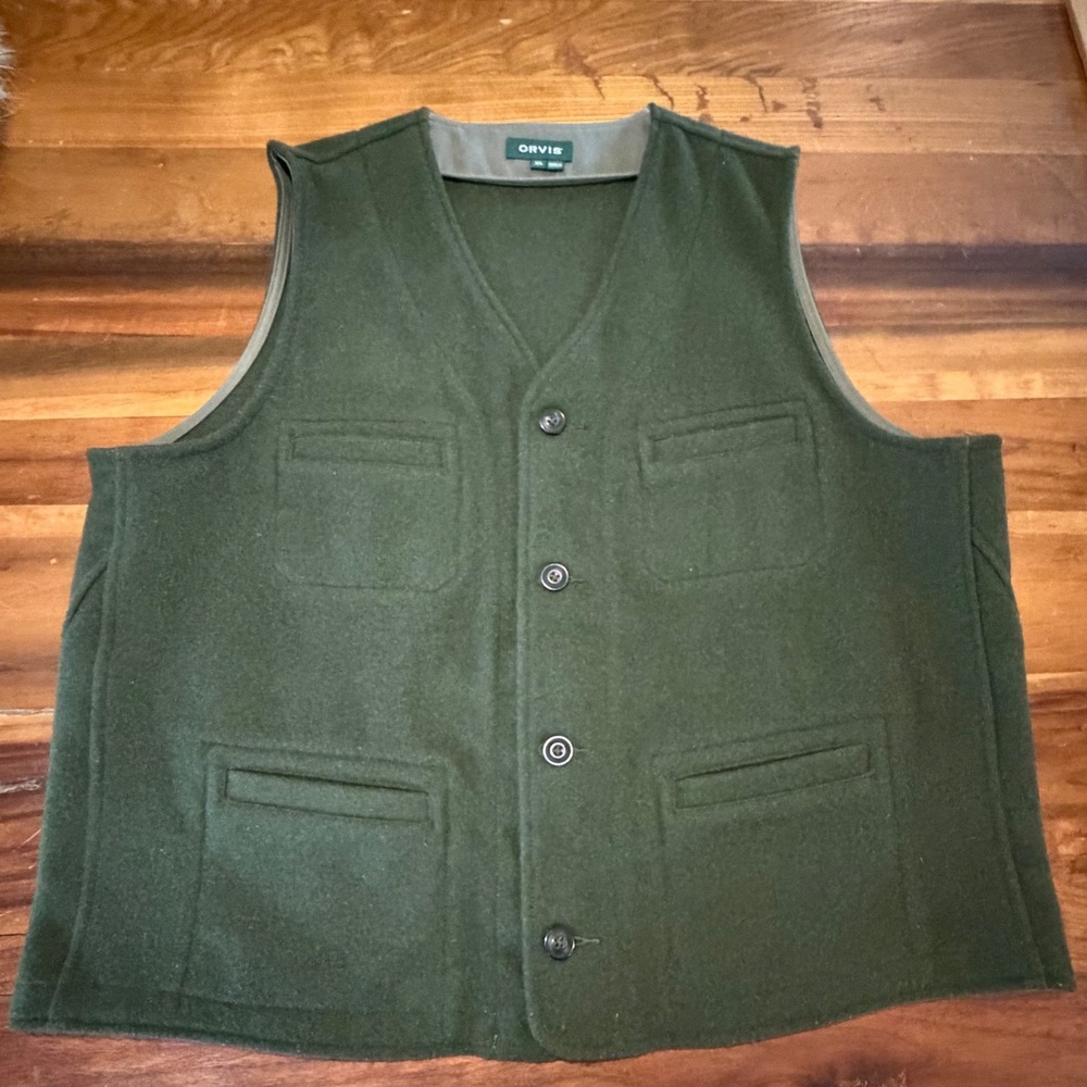 Orvis Mens 100% Wool Vest Forest Green Button Front Game Pocket XL